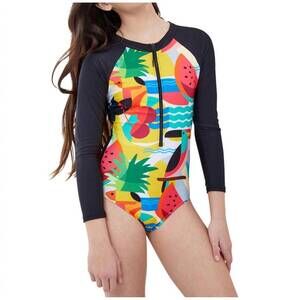 NEW GOTTEX girls zip up rash guard one piece swimsuit in tropical